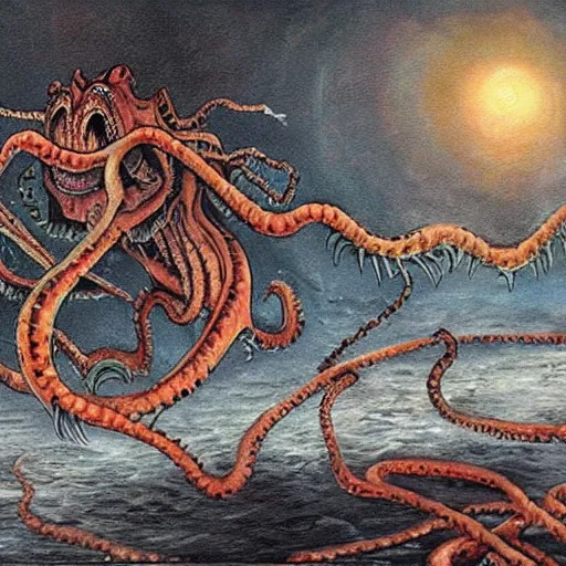 Image similar to The painting is in an animated style, with highly realistic detail. It depicts a scene from a Lovecraftian story, in which an evil creature is attacking a human. The creature is big and menacing, with sharp teeth and claws.