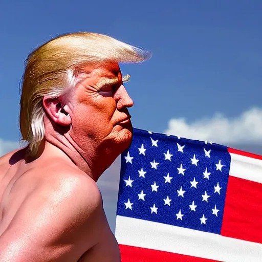 Prompt: Donald Trump in a bikini and wearing the American flag as a cape, 8k, high definition, highly detailed, photorealistic
