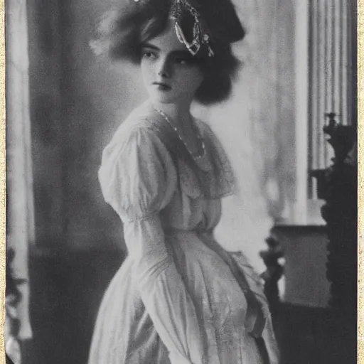 Prompt: Edwardian photograph of Elle Fanning, elegant, 1910s, 1900s, 1920s, grainy, detailed, realistic