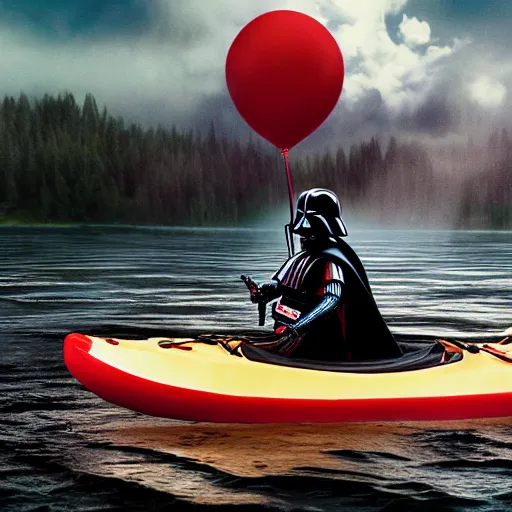 Image similar to darth vader fighting pennywise the clown on a kayak in the middle of a creepy lake, ultra high def, hyper realistic, photo