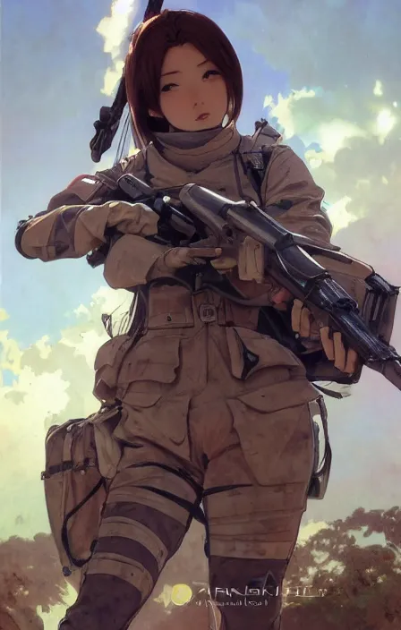 Image similar to infantry girl, anime style, symmetrical facial features long hair, hair down, under heavy fire, explosions, wallpaper, hyper realistic, pale skin, rule of thirds, extreme detail, 4 k, detailed drawing, trending artstation, realistic anatomy, trading card front, by alphonse mucha, greg rutkowski, sharp focus, backlit, fast helmet