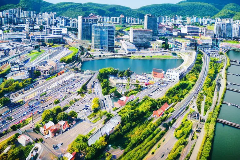 Image similar to bird's eye view photography of a small city. town hall, central farm, monorail station, beach and harbor. hills, woods and lake to the north.