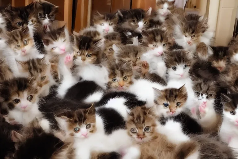 Image similar to a living room full of cute kittens that are all facing the camera