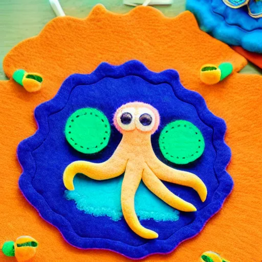 Image similar to a cute octopus in a colorful ornate felt mandala with fine details