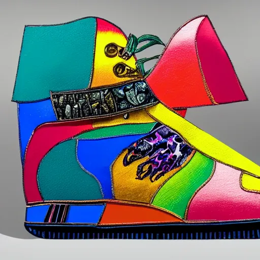 Image similar to an air force one shoe made of different materials, precious gem stones and metals and paper and smoke and rust and lava and rainbow, accurate, hyperdetailed, intricate detail, insanely detailed and intricate, in the style of Henri Matisse, edge to edge, solid color background intricate, highly detailed, smooth, sharp focus, detailed, high contrast