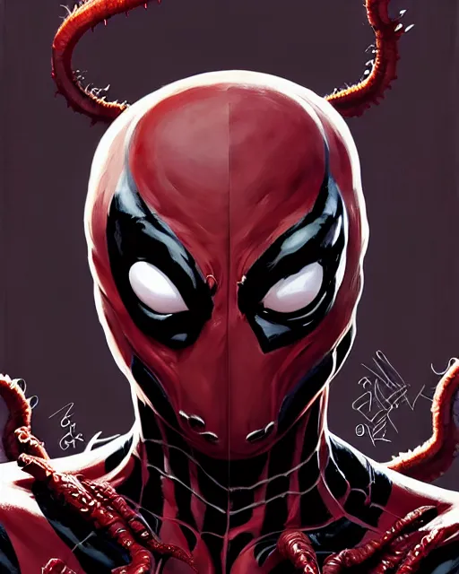 Image similar to highly detailed closeup portrait of a mutated venom symbiote in deadpool suit, smiling broadly into the camera, by atey ghailan, by greg rutkowski, by greg tocchini, by james gilleard, by joe fenton, by kaethe butcher, red, black, crimson and grey color scheme