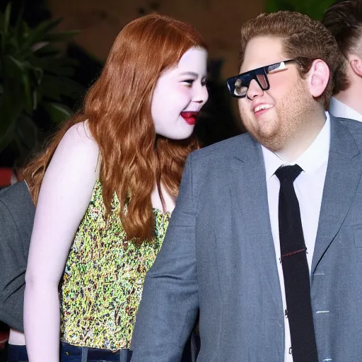 Image similar to Jonah Hill holding hands with Dahyun. Dahyun is so pretty. Jonah Hill is so handsome. They're So SO SO in love. They look cute together and really want to kiss. paparazzi photo.