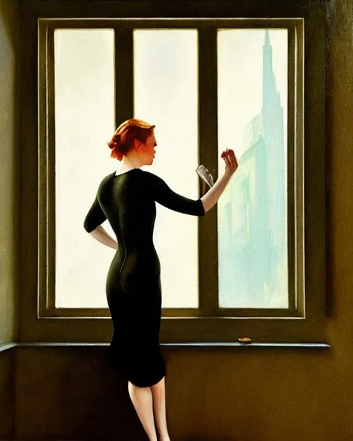 Image similar to photo of amy adams in 1 9 3 0 s penthouse rainy window, oil painting, by enoch bolles, greg rutkowski, edward hopper, artgerm, wlop glossy skin, intricate architectural detail, pearlescent, very coherent, cute