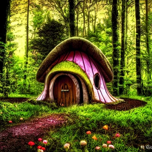 Prompt: mushroom house in an enchanted forest full of luminous flowers, the light from the flowers is great, hdr