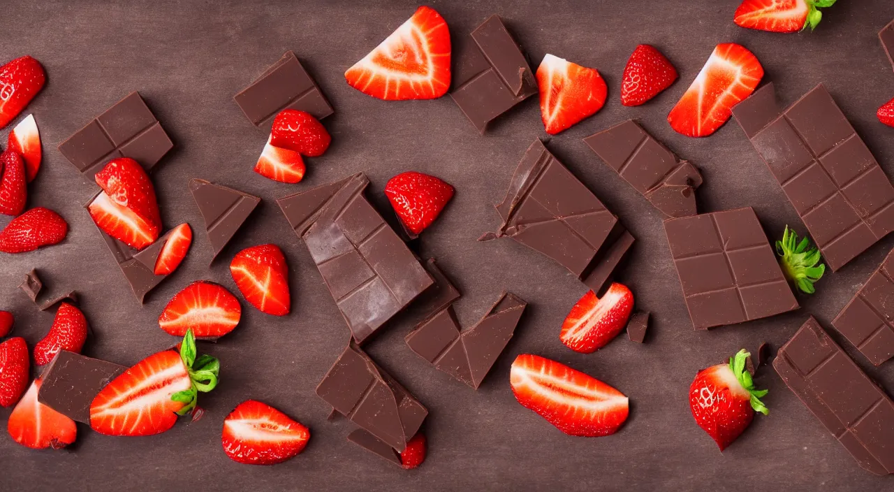 Prompt: A fancy chocolate bar with one end broken on a wooden tray with sliced strawberries, macro lens product photo