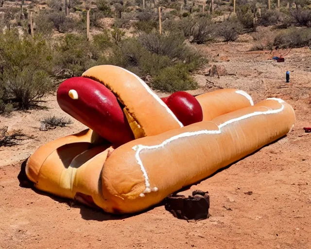 Image similar to archeologists finding a giant hot dog in the ground, amazing desert mountains, award winning photograph