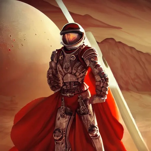 Image similar to a muscular soldier with vertical nose slits, angular eyebrows, wearing blood - spattered glossy sleek white dinged scuffed armor and a long torn red cape, heroic posture, battle - weary, strained expression, determined expression, no helmet, on the surface of mars, dramatic lighting, cinematic, sci - fi, hyperrealistic, detailed