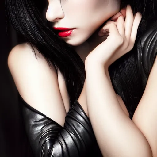 Prompt: a beautiful girl in black leather by WLOP, very white skin, black eyes and black hair
