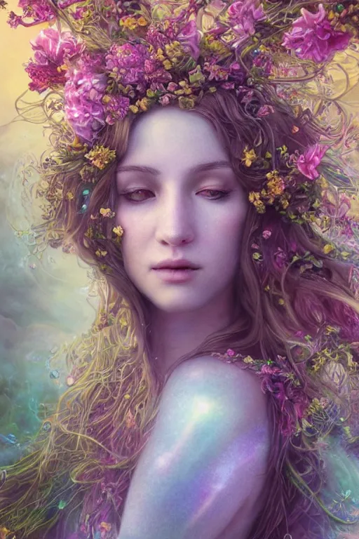 Prompt: elaborately detailed close up realistic portrait of an extremely beautiful girl with long dark hair surrounded by flowers, an eerie mist and ethereal rainbow bubbles, Aetherpunk, iridiscent geometry, high fantasy professionally painted digital art painting, fantasy matte painting movie poster, Art Nouveau, smooth, sharp focus, atmospheric lighting, highly detailed illustration highlights, backlight, golden ratio, 8K detail post-processing, symmetrical facial features, rich deep moody colors, majestic, dark epic fantasy, award winning picture, sense of awe, featured on DeviantArt, trending on cgsociety