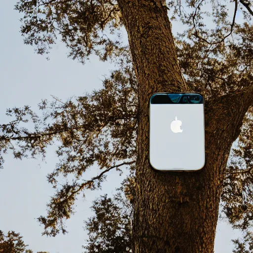 Image similar to A phone glowing and floating in a tree, 35mm photograph