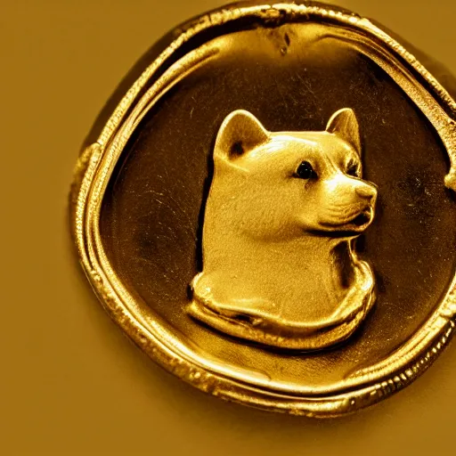 Image similar to an ancient roman gold coin with the face of a cute shiba inu, close up photo, ultra realistic, studio photo, bokeh. intricate details.