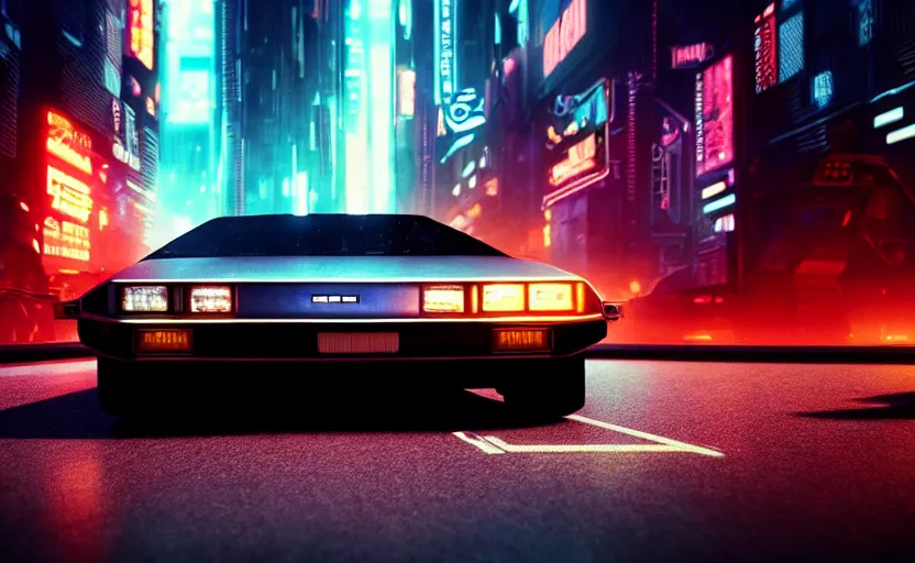 Image similar to professional photo of delorean from low angle shot, cyberpunk background, blade runner, hyperrealistic masterpiece, trending on artstation, cgsociety, kodakchrome, golden ratio, cinematic, composition, beautiful lighting, hyper detailed, sharp focus, octane render, 4 k, unreal engine
