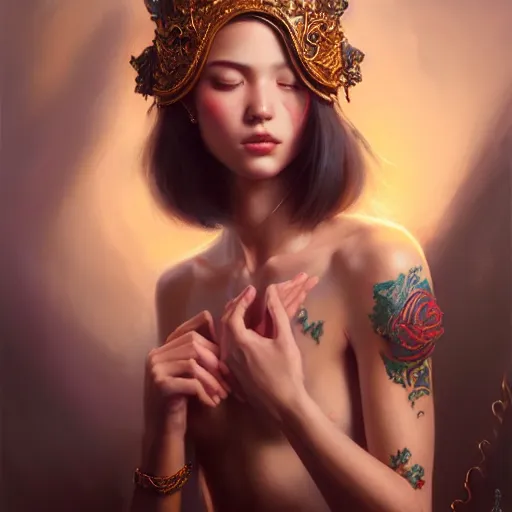 Prompt: expressive oil painting, of alluring european girl, smooth glowing skin, love, adoration, ornate headpiece of black beads, tattoo, glamour shot, by yoshitaka amano, by greg rutkowski, by jeremyg lipkinng, by artgerm, digital art, octane render