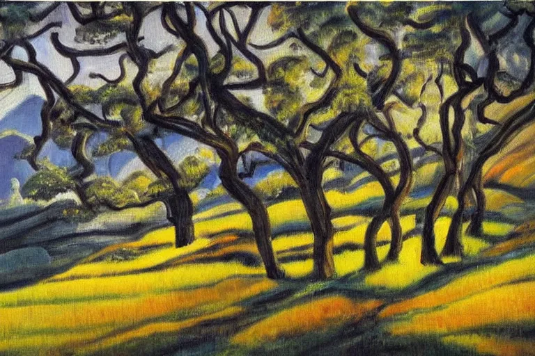 Image similar to masterpiece painting of oak trees on a hillside overlooking a creek, dramatic lighting, by emily carr