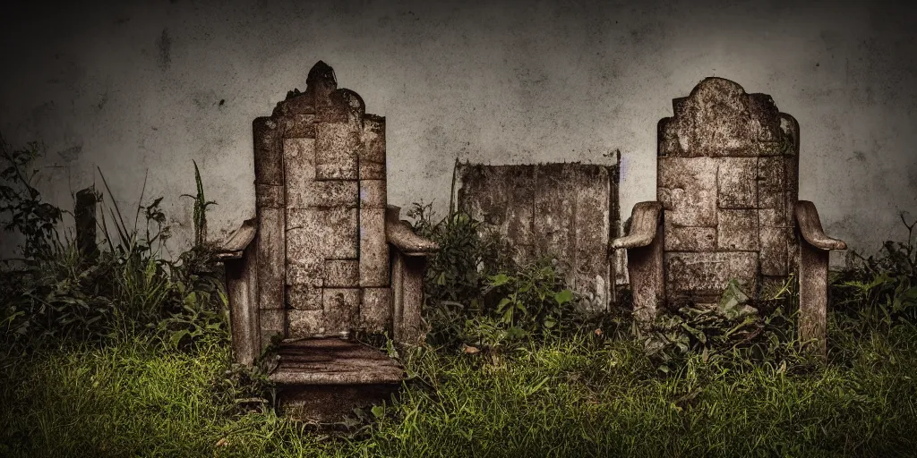 Prompt: a worn brick throne in a creepy overgrown graveyard at night, volumetric lighting