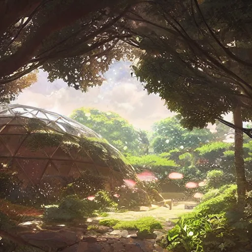 Image similar to geodesic dome with gardens and waterfall, gapmoe kuudere moody lighting stunning bokeh highlights sharp contrast | trending pixiv fanbox | by greg rutkowski makoto shinkai takashi takeuchi studio ghibli