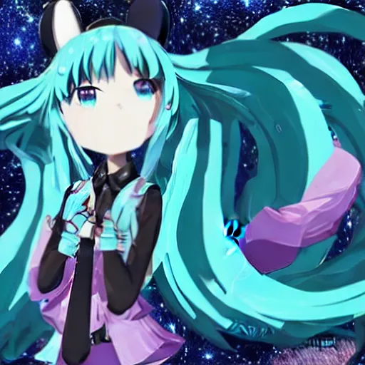 Image similar to Hatsune Miku the intergalactic space goddess of death