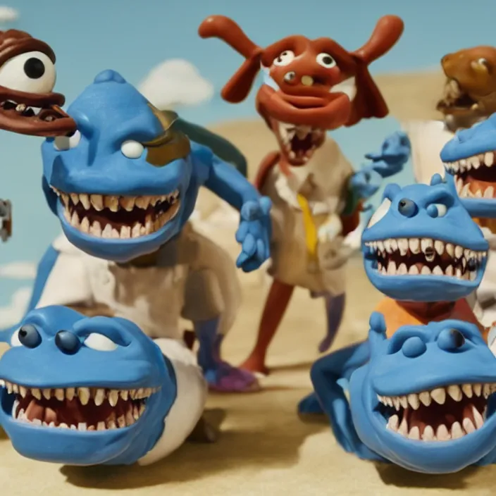 Image similar to jeff koons style street sharks in wallace & gromit claymation