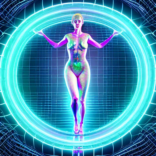 Image similar to a human form, made of pure light, encircled by a giant iridescent serpent, in a sea of digital grids, hyper detailed, ultra fine colored inking lines, arnold render, 4 k extremely photorealistic, arnold render