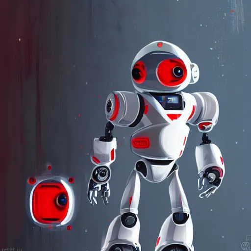 Image similar to a small human-like robot, white and red colours, futuristic, sci-fi, digital art, detailed