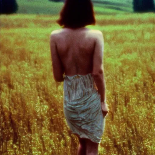 Prompt: a closeup of a woman's back in a countryside, Andrei Tarkovsky film style, photography, 1970s