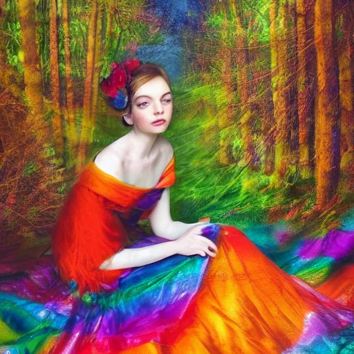 Image similar to a masterpiece portrait of a sad angel sitting in a colorful forest in a long rainbow wedding gown