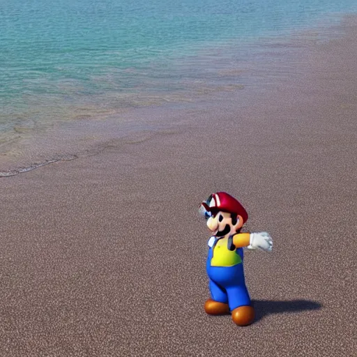 Image similar to super mario standing in the water at a beach