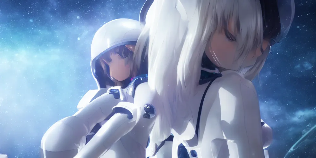Prompt: High resolution photo of an anime girl in a white futuristic spacesuit in awe at the beauty of the universe, 4k/8k, Cinematic Movie Photograph, Cinematic Lighting, Artstation, space, galaxy, stars, vivid colours