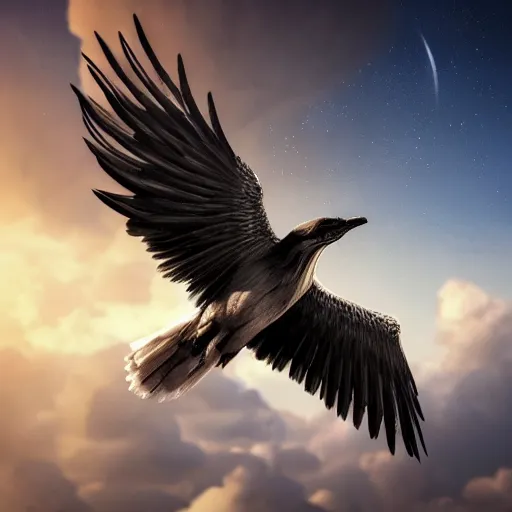 Image similar to a majestic bird flies high in the sky, digital art, concept art, trending on DeviantArt, trending on Artstation, high quality, 8K HDR, octane render, unreal engine 5, path tracing, dramatic lighting, cinematic, highly detailed, hyper realistic, medium shot, super resolution