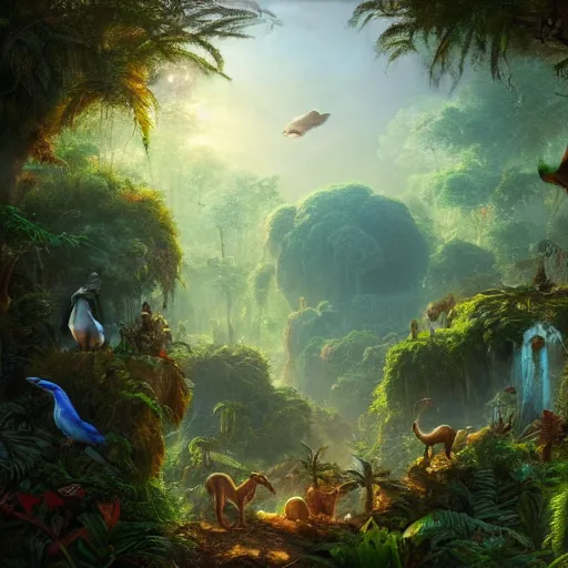 Prompt: a beautiful ultradetailed digital matte painting of a jungle scene at dusk with many animals gathered around a chrome sphere, by Peter Mohrbacher and Thomas Kinkade, 8k, volumetric lighting