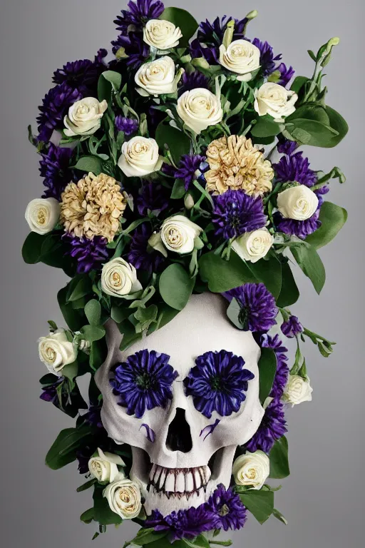 Prompt: photo of a bouquet of flowers that are shaped like skulls, highly detailed,