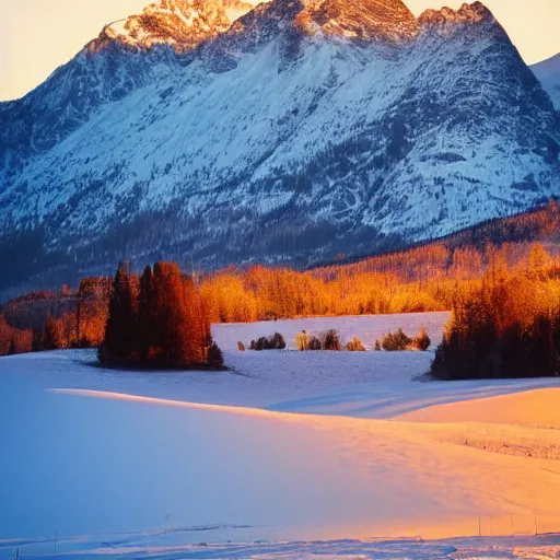 Prompt: an epic inspiring landscape with sharp - cut snow - capped mountains during the golden - hour, professional shot, award winning