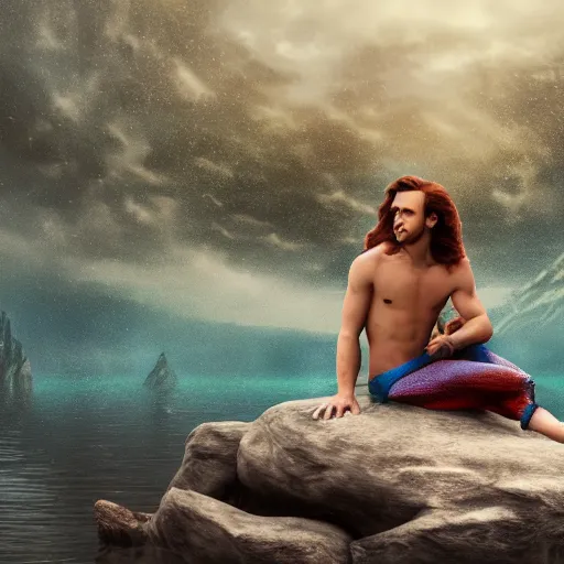 Prompt: Tom Hiddlestone as the little mermaid sitting on a rock in the middle of a lake, hyperrealistic, hyperdetailed, depth of field, High definition, 8k, octane render, artstation