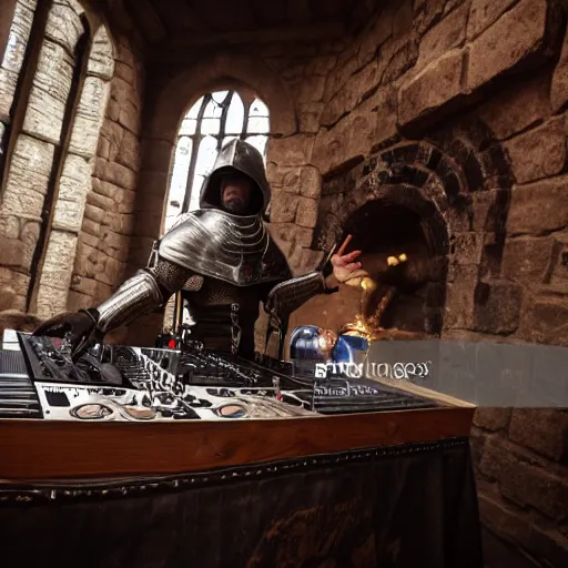 Image similar to photograph of a dubstep dj in medieval crusader armor djing during a medieval party, 8 k resolution, high detail