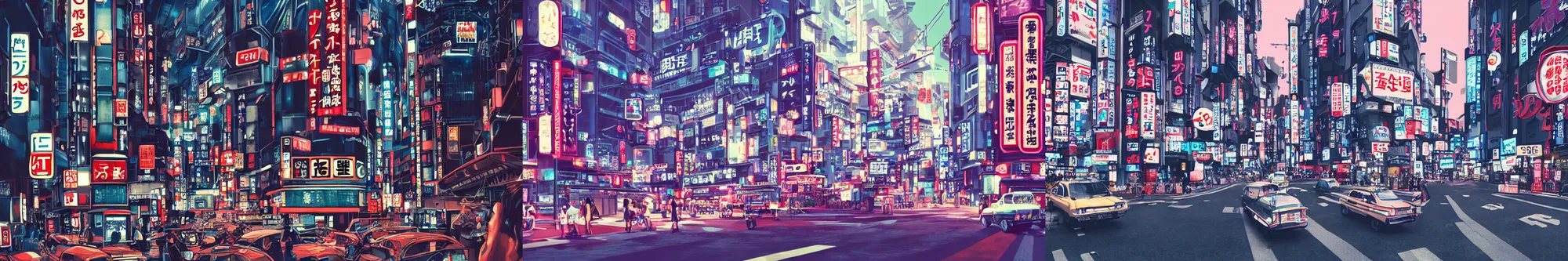 Prompt: Retrofuturistic Tokyo street with flying black cabs and signs in Japanese. Retrofuturism, 80-s sci-fi, 8K, Highly Detailed, ArtStation. C 11.0
