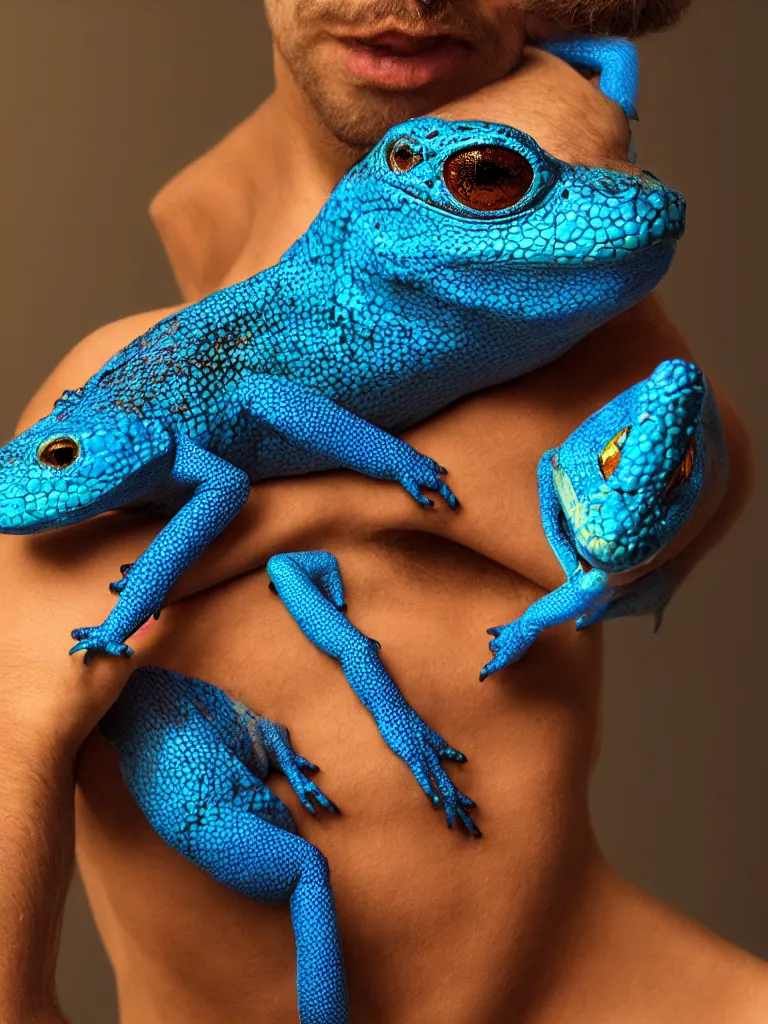 Image similar to man with blue lezard skin, photography portrait, cinematic, high quality, cgsociety, artgerm, 4 k, uhd, 5 0 mm, trending on artstation