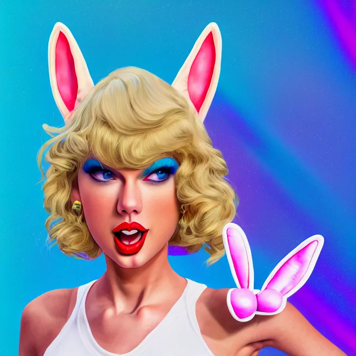 Image similar to portrait of Taylor Swift as Lola Bunny in Space Jam 1996. bunny ears. intricate abstract. intricate artwork. by Tooth Wu, wlop, beeple, dan mumford. octane render, trending on artstation, greg rutkowski very coherent symmetrical artwork. cinematic, hyper realism, high detail, octane render, 8k, iridescent accents