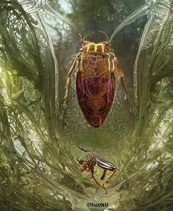 Image similar to intricate ornate opulent transparent clear see - through portrait of a playful beautiful alien beetle, fractal, adorable, childlike, overgrown biopunk jungle environment, ultra realistic, concept art, art nouveau, photorealistic, octane render, 8 k, unreal engine. art by christopher marley and artgerm and greg rutkowski and alphonse mucha