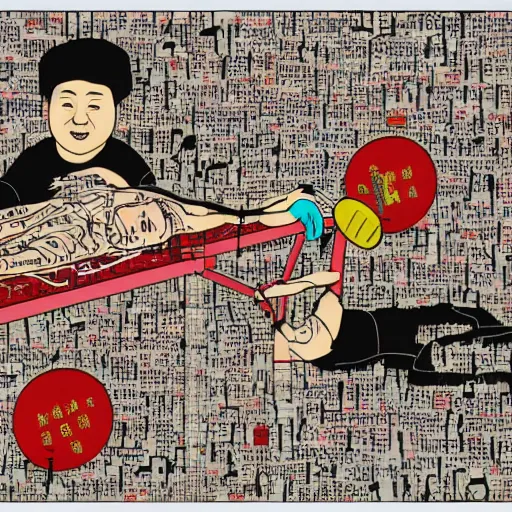 Prompt: chinese body on an operating table, in the style of daniel johnston and outsider art, 8k, line brush, minimal, overlaid with chinese adverts, very detailed