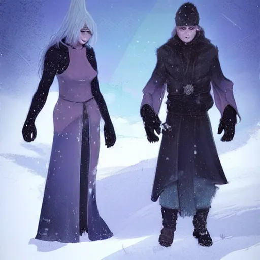 Image similar to a couple of people that are standing in the snow, concept art by Fabien Charuau, trending on pixiv, fantasy art, official art, wiccan, concept art