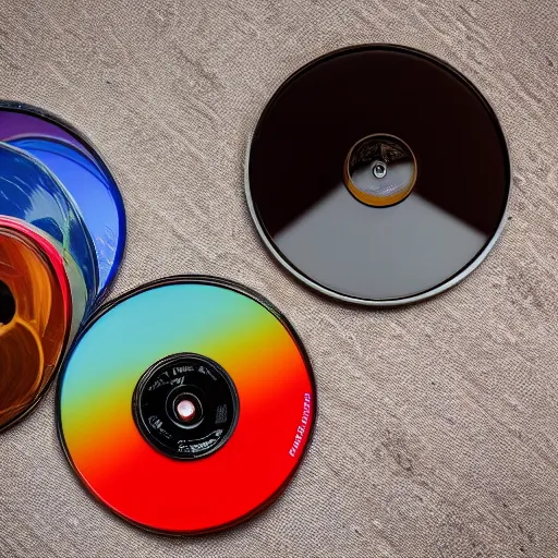 Prompt: birds eye view wide angle portrait of a beautiful, colorful, cd case on a blank white table with a cd that is reflecting a lot of color off of it and has a red sticker on the case, detailed, award winning, 8 5 mm, bokeh