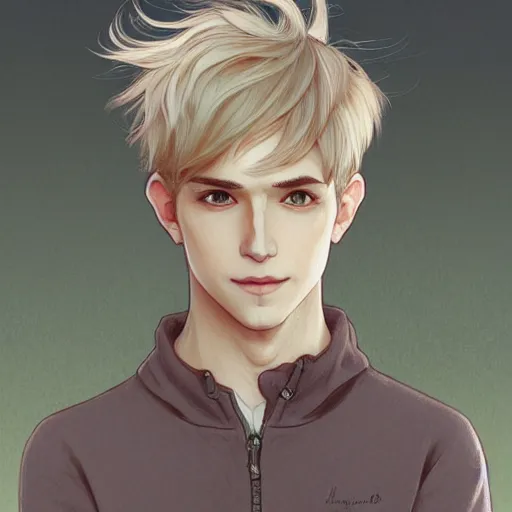 Image similar to young man with short, ash blond greyish hair, light brown eyes, casual clothes, relaxing, happy, path traced, highly detailed, high quality, digital painting, by studio ghibli and alphonse mucha, leesha hannigan, beautiful details, soft and warm