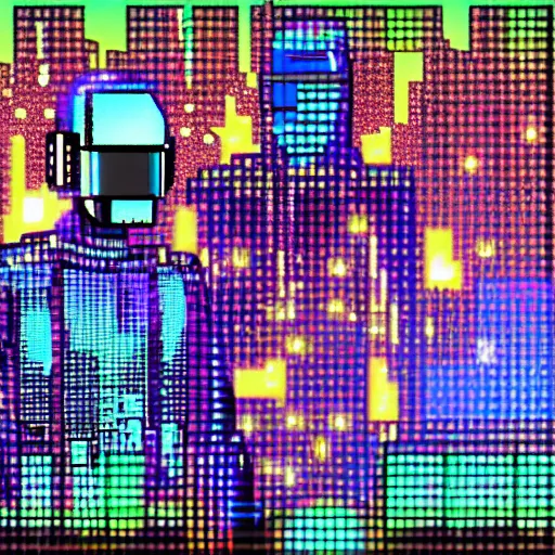 Prompt: daft punk cyberpunk retro synthwave pixel art robot futuristic city background flash colors