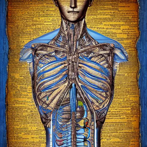 Image similar to liver anatomy, blue print, texture of electronic circuit, intricate details, da vinci