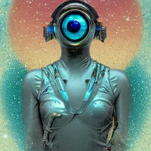 Image similar to the mummy astronaut walking in post-apocalyptic Neptune Hills, style hybrid mix of Jirí Petr+Romi Lerda+ Sandra Pelser,Yves Tanguy+ Alphonse Mucha+ Ernst Haeckel+ Edward Robert Hughes+Stanisław Szukalski , moody colors,diamond dust glitter and sparkles, holographic krypton ion,red eyes,octane render,4k, ighly detailed, hyperrealism, excellent composition, cinematic concept art, dramatic lighting, trending on ArtStation